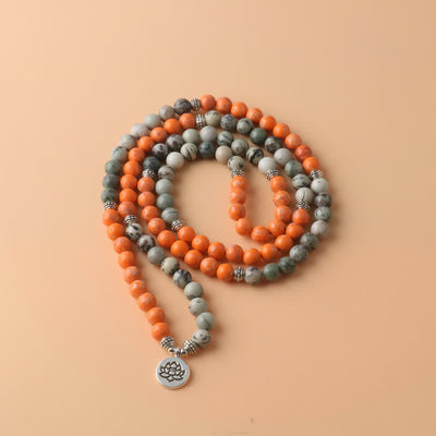 Olivenorma 108 Orange Emperor Stone Mala Beads Lotus Pendant Necklace