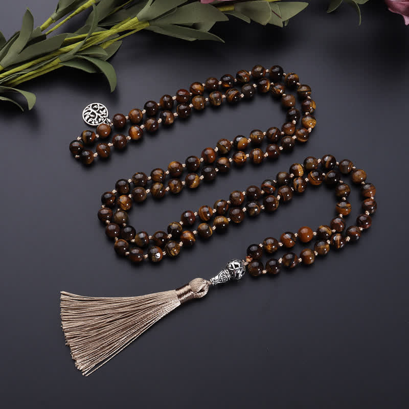 Olivenorma 108 Tiger Eye Mala Beads Tree Of Life Necklace