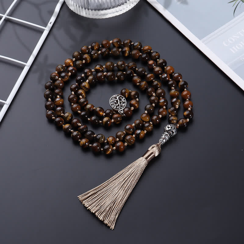 Olivenorma 108 Tiger Eye Mala Beads Tree Of Life Necklace