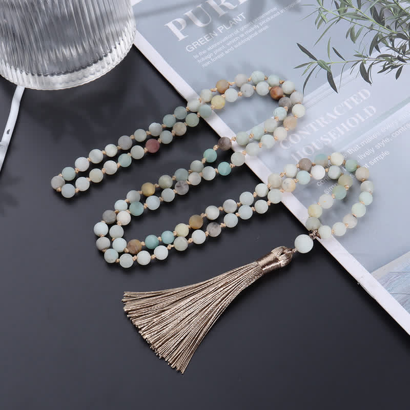 Olivenorma 108 Amazonite Mala Beads Tassel Pendant Necklace