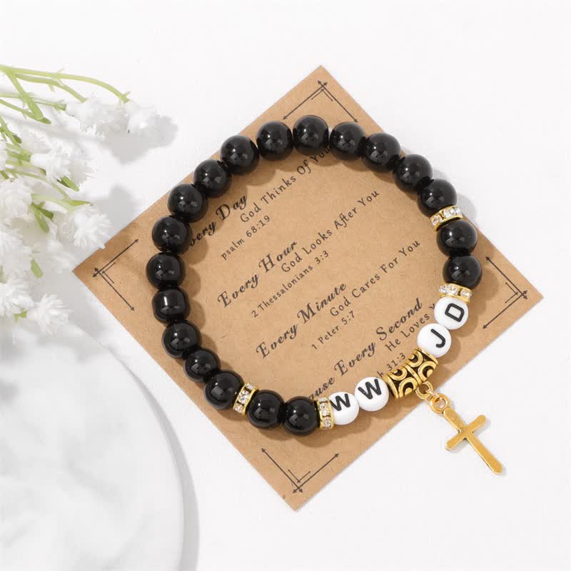 Olivenorma Natural Stone Beaded WWJD Cross Pendant Bracelet