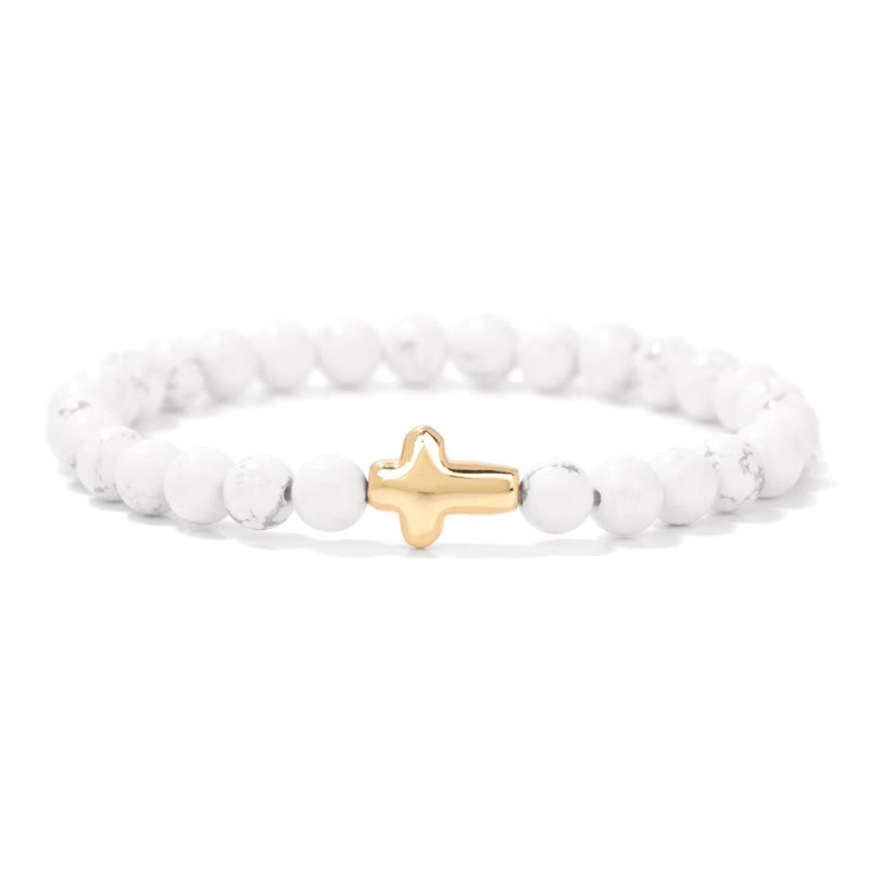 Olivenorma 6mm Natural Stone Beaded Cross Pendant Bracelet - White Turquoise - image 7