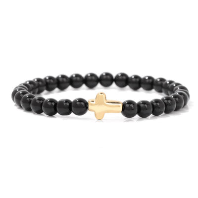 Olivenorma 6mm Natural Stone Beaded Cross Pendant Bracelet - Obsidian - image 17