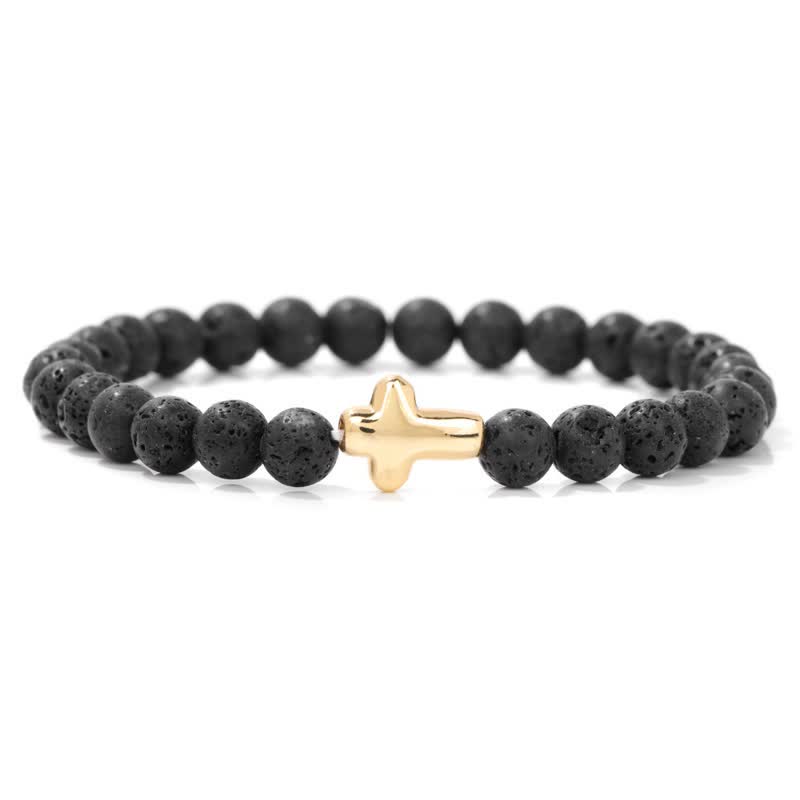 Olivenorma 6mm Natural Stone Beaded Cross Pendant Bracelet - Lava Stone - image 23