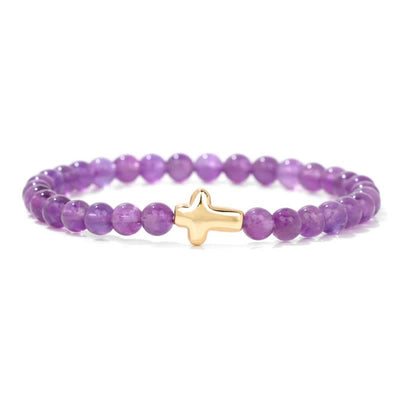 Olivenorma 6mm Natural Stone Beaded Cross Pendant Bracelet - Amethyst - image 2