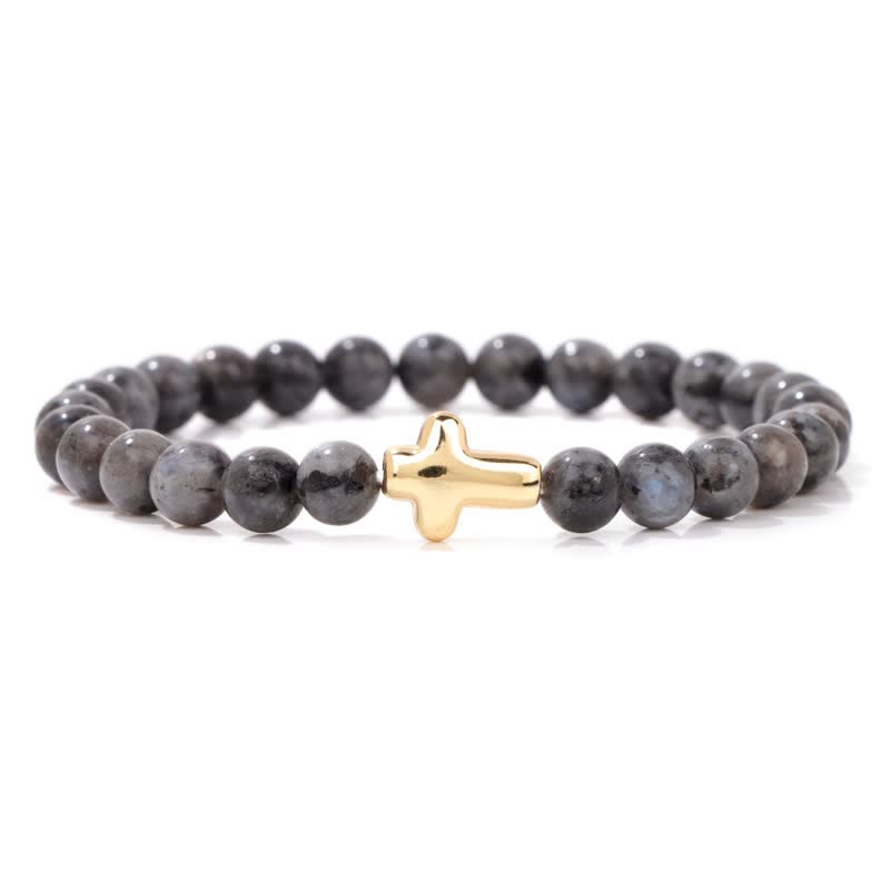 Olivenorma 6mm Natural Stone Beaded Cross Pendant Bracelet - Labradorite - image 21