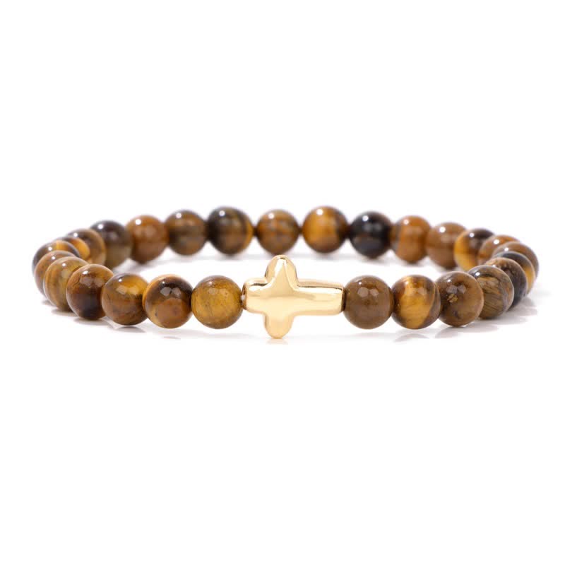 Olivenorma 6mm Natural Stone Beaded Cross Pendant Bracelet - Tiger Eye - image 4