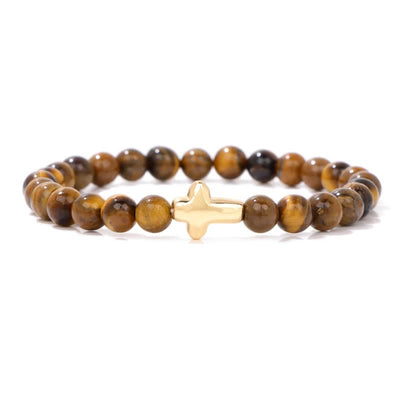 Olivenorma 6mm Natural Stone Beaded Cross Pendant Bracelet - Tiger Eye - image 4