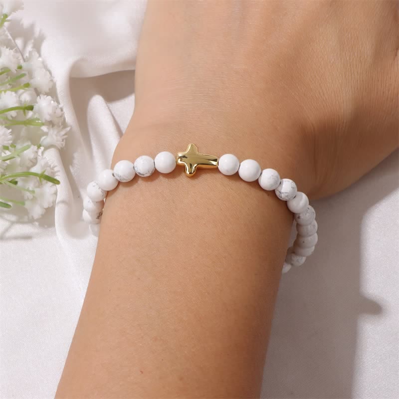 Olivenorma 6mm Natural Stone Beaded Cross Pendant Bracelet - image 8