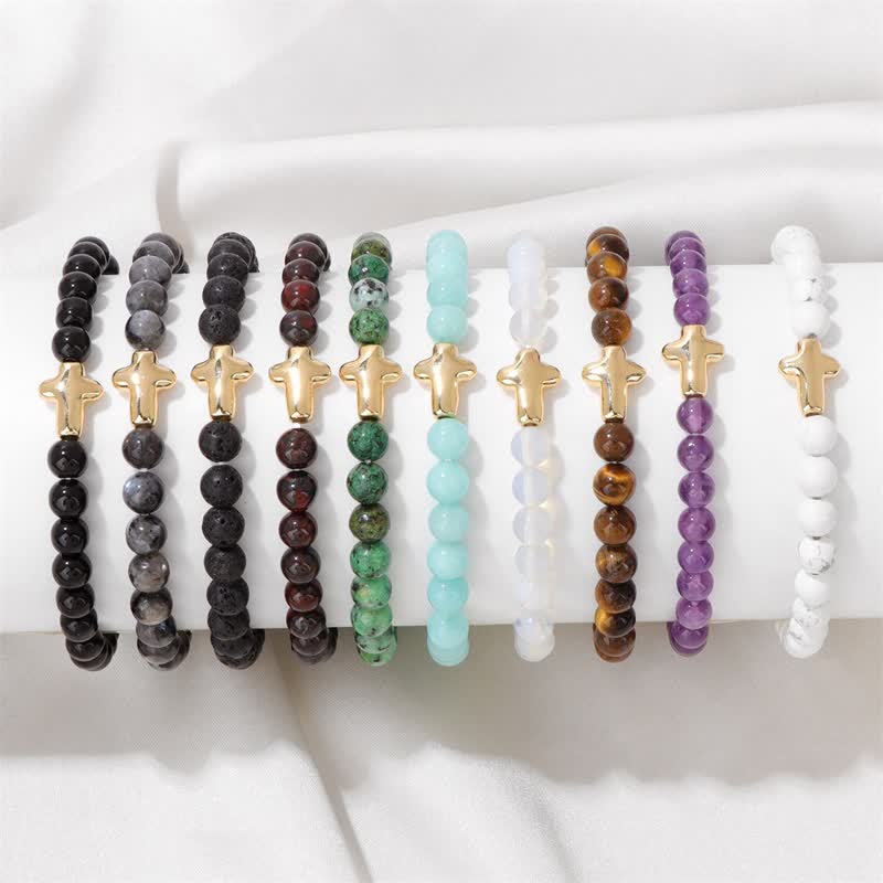 Olivenorma 6mm Natural Stone Beaded Cross Pendant Bracelet - image 26