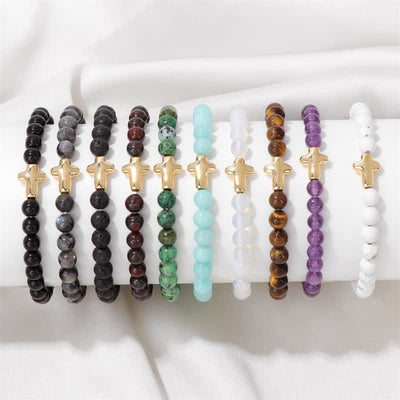 Olivenorma 6mm Natural Stone Beaded Cross Pendant Bracelet - image 26