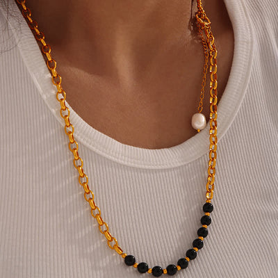 Olivenorma Tiger Eye Obsidian Freshwater Pearl Titanium Steel Necklace