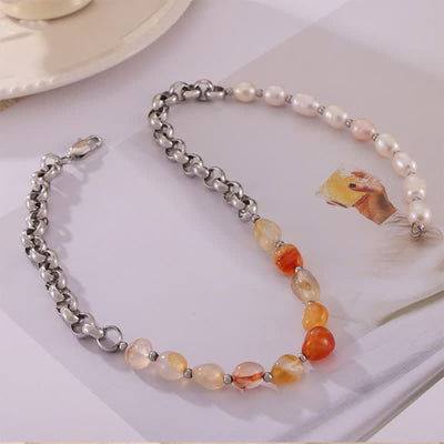 Olivenorma Carnelian Freshwater Pearl Titanium Steel Necklace