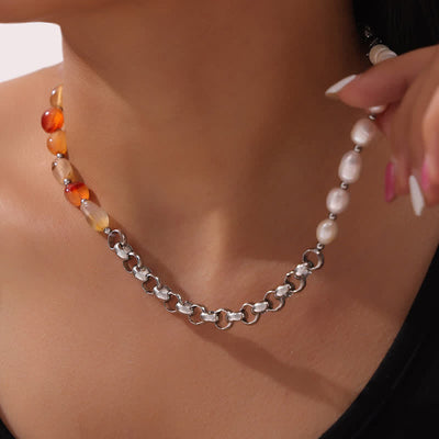 Olivenorma Carnelian Freshwater Pearl Titanium Steel Necklace