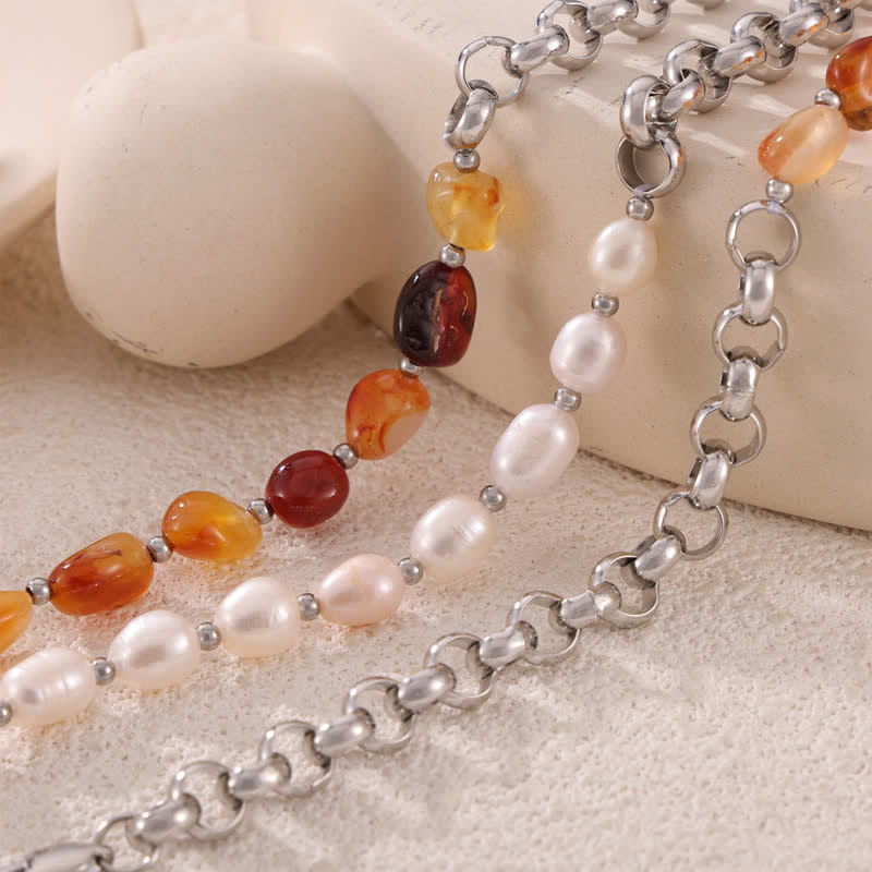 Olivenorma Carnelian Freshwater Pearl Titanium Steel Necklace