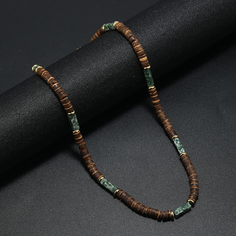 Olivenorma Brown Coconut Wood Beads Natural Stone Beads Necklace - Green Jade - image 6