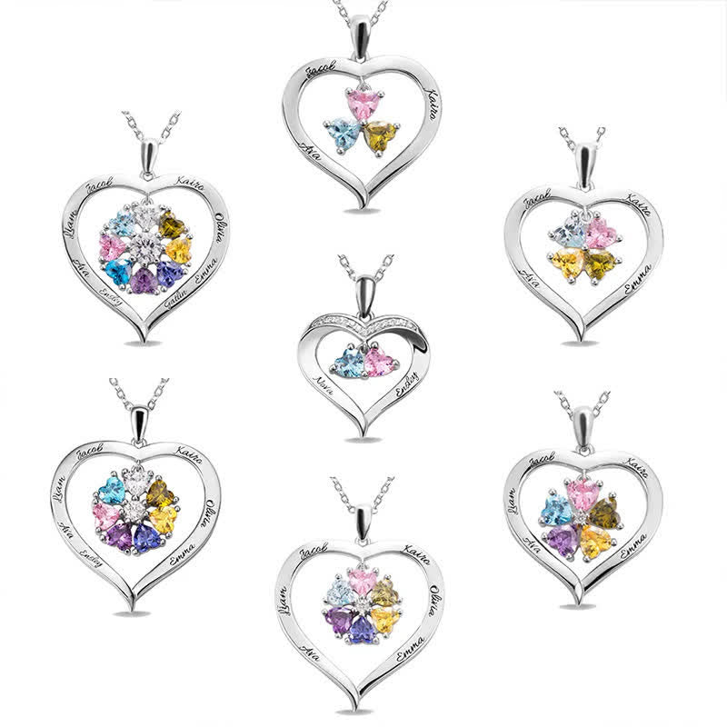 Olivenorma Personalized Heart Shape Birthstone with 1-6 Engraved Names Necklace