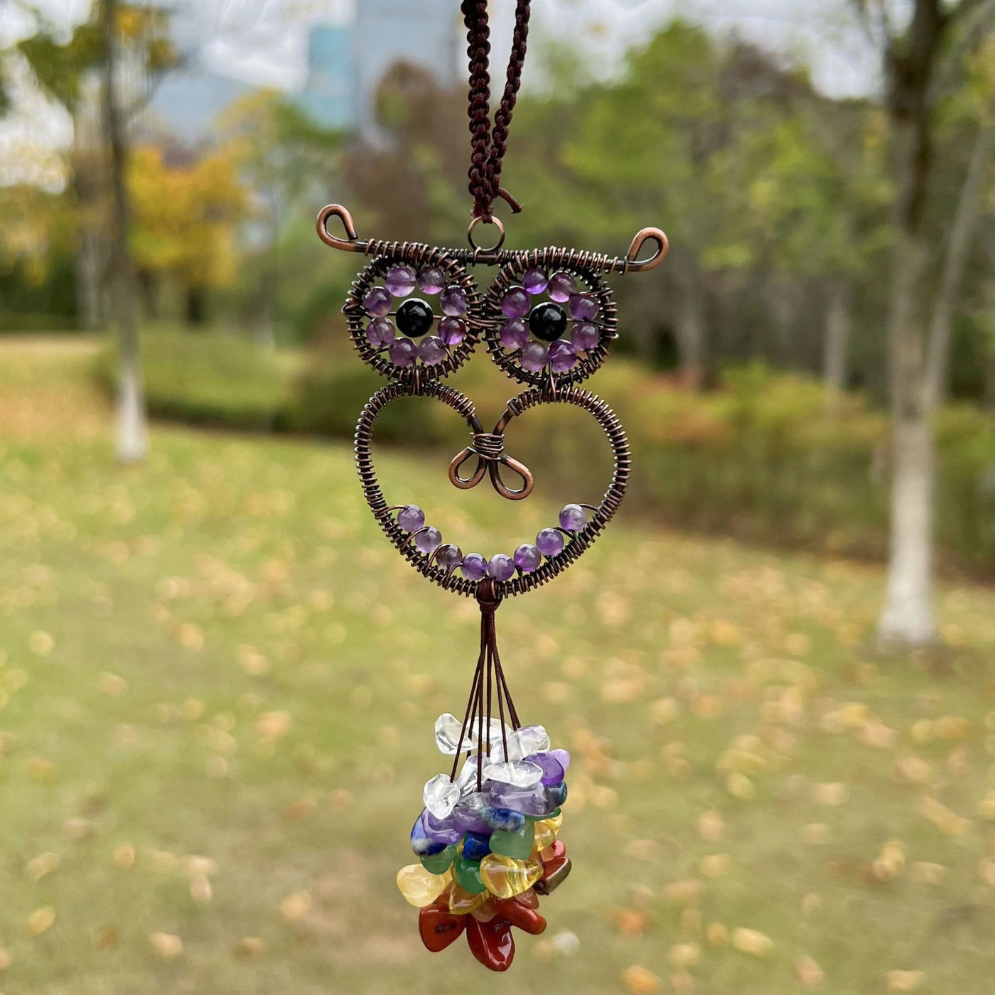 Olivenorma Cute Owl Natural Gemstone Hanging Car Ornament