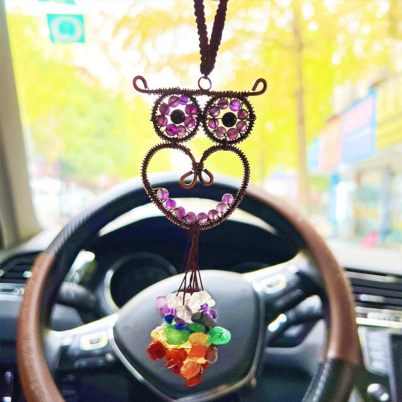 Olivenorma Cute Owl Natural Gemstone Hanging Car Ornament