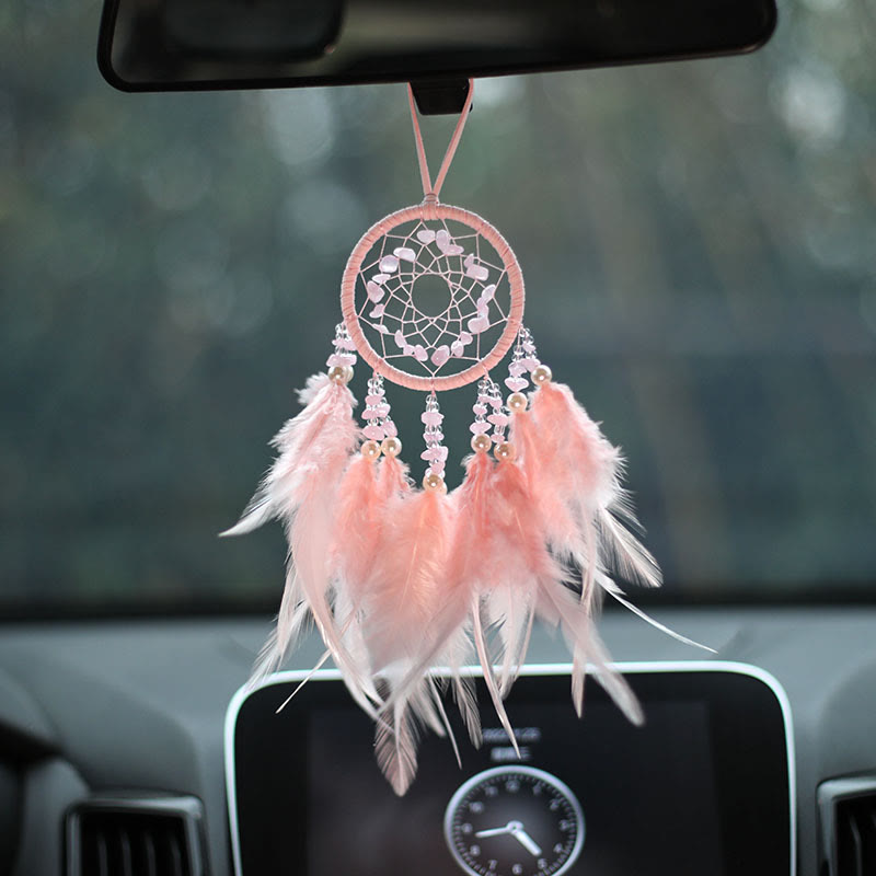 Olivenorma Natural Rose Quartz Amethyst Feather Dream Catcher Ornament