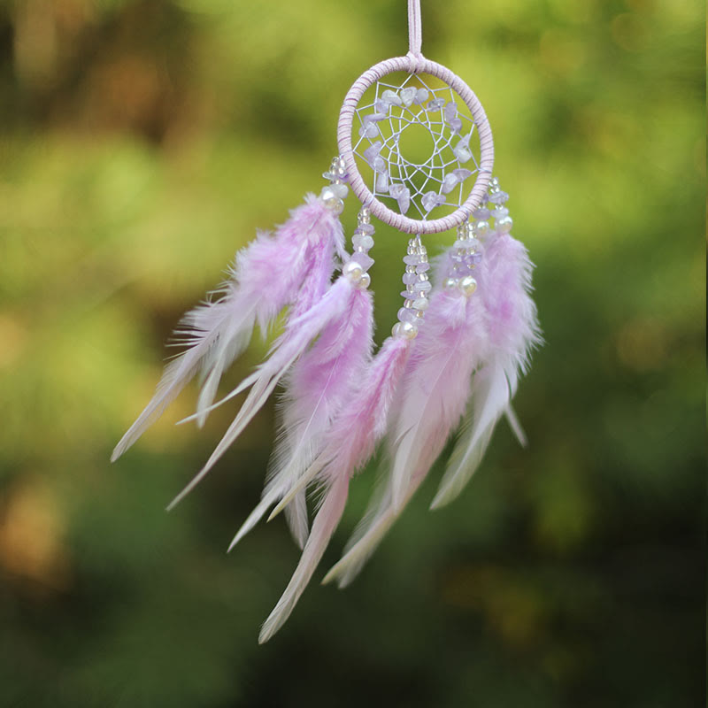 Olivenorma Natural Rose Quartz Amethyst Feather Dream Catcher Ornament