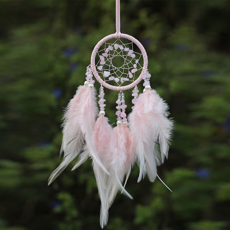 Olivenorma Natural Rose Quartz Amethyst Feather Dream Catcher Ornament