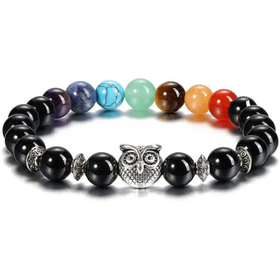 Olivenorma Natural Stone Chakra Owl Pendant Beaded Bracelet