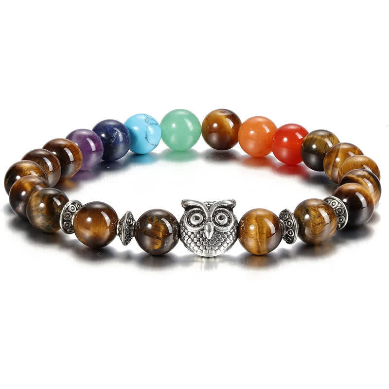 Olivenorma Natural Stone Chakra Owl Pendant Beaded Bracelet