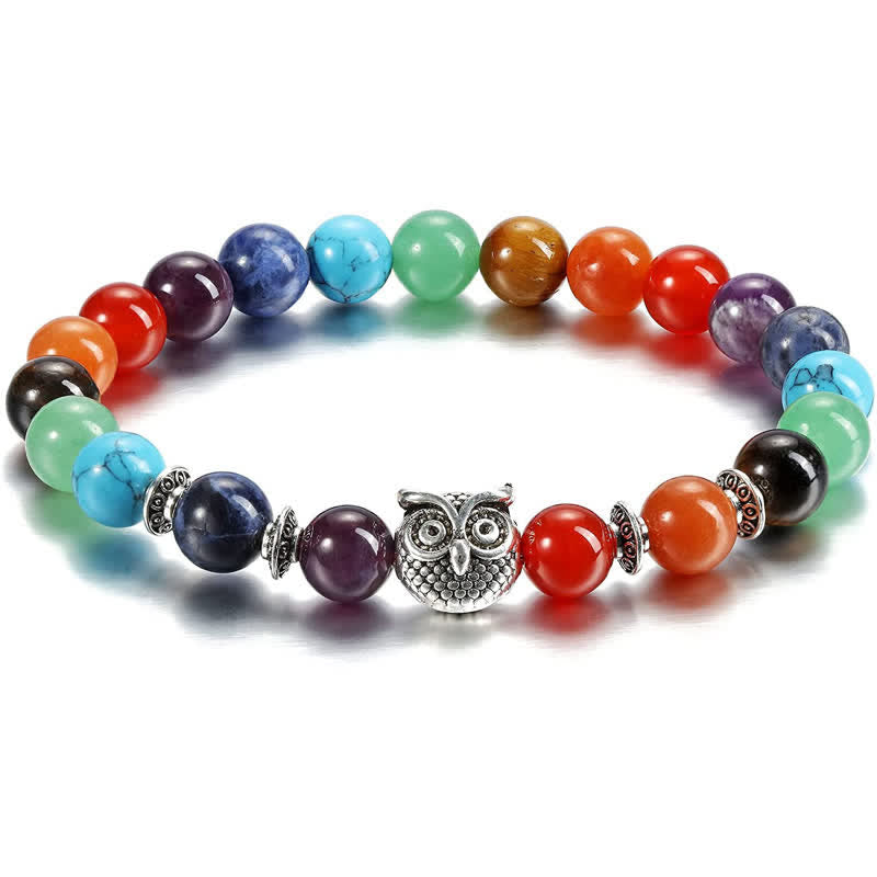 Olivenorma Natural Stone Chakra Owl Pendant Beaded Bracelet