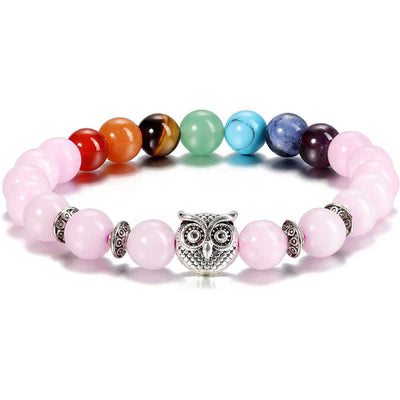 Olivenorma Natural Stone Chakra Owl Pendant Beaded Bracelet