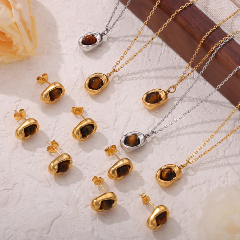 Olivenorma Natural Tiger Eye Irregular Titanium Steel Jewelry Set