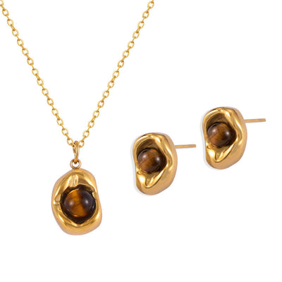 Olivenorma Natural Tiger Eye Irregular Titanium Steel Jewelry Set