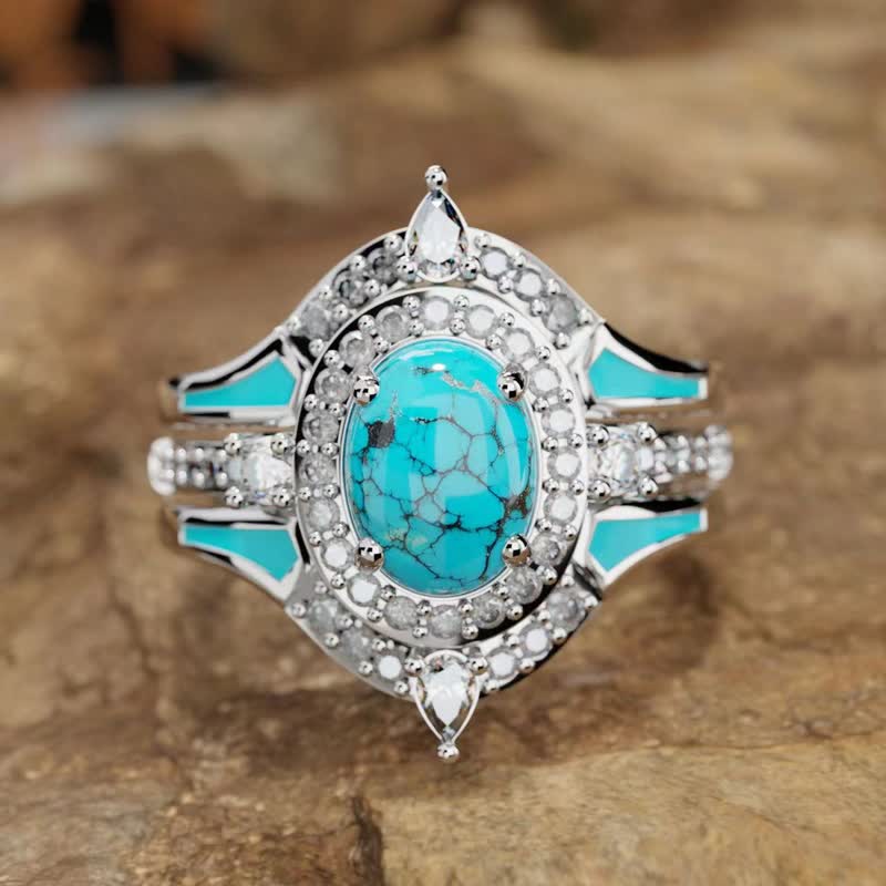 Olivenorma 3pcs Retro Blue Turquoise Engagement Ring Set