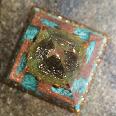 Olivenorma Tiger Eye Turquoise Peridot Buddha Orgone Pyramid