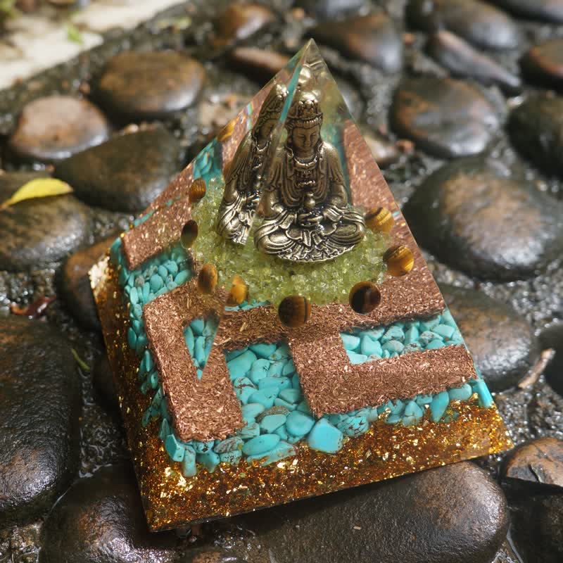 Olivenorma Tiger Eye Turquoise Peridot Buddha Orgone Pyramid