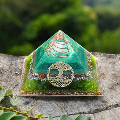 Olivenorma "Tree of Life" Clear Crystal Peridot Orgone Pyramid