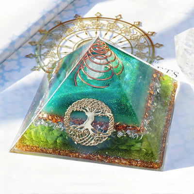 Olivenorma "Tree of Life" Clear Crystal Peridot Orgone Pyramid