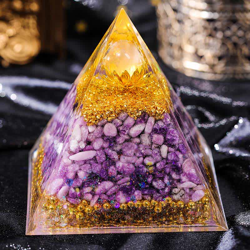 Olivenorma "Double Luck" Clear Crystal Lepidolite Orgone Pyramid