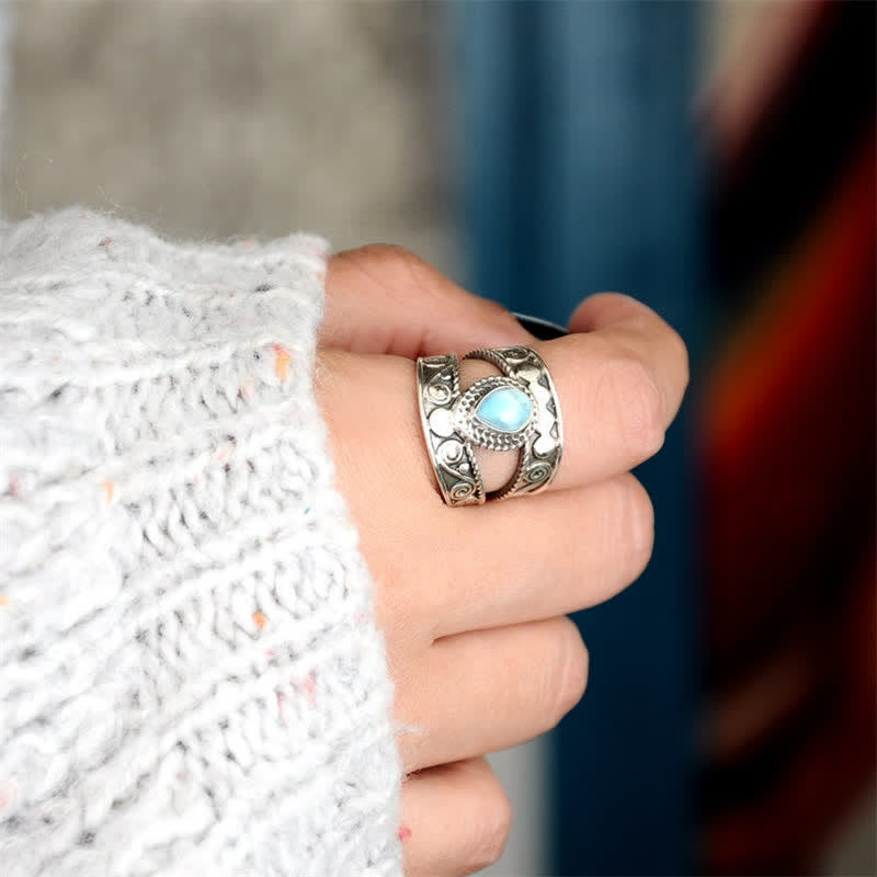 Olivenorma Teardrop Shaped Larimar Engraved Pattern Ring