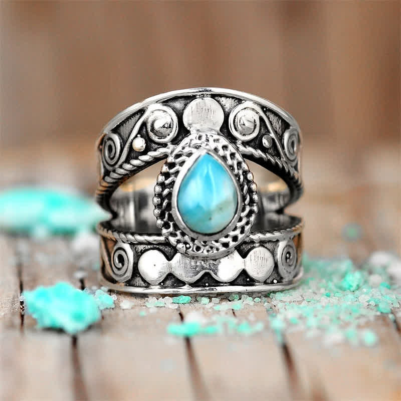 Olivenorma Teardrop Shaped Larimar Engraved Pattern Ring