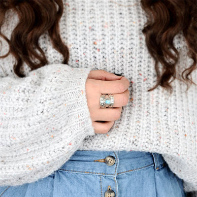 Olivenorma Teardrop Shaped Larimar Engraved Pattern Ring