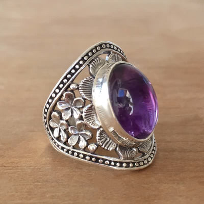 Olivenorma Natural Oval Amethyst Carved Hollow Flower Ring