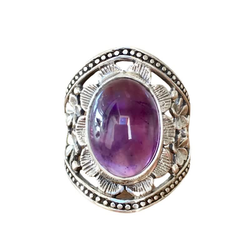 Olivenorma Natural Oval Amethyst Carved Hollow Flower Ring