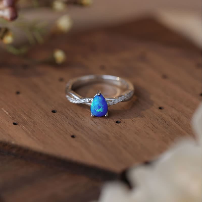 Olivenorma Water Drop Blue Opal White Zircon Ring