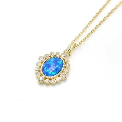 Olivenorma Blue Opal Oval Engraved Pendant Necklace