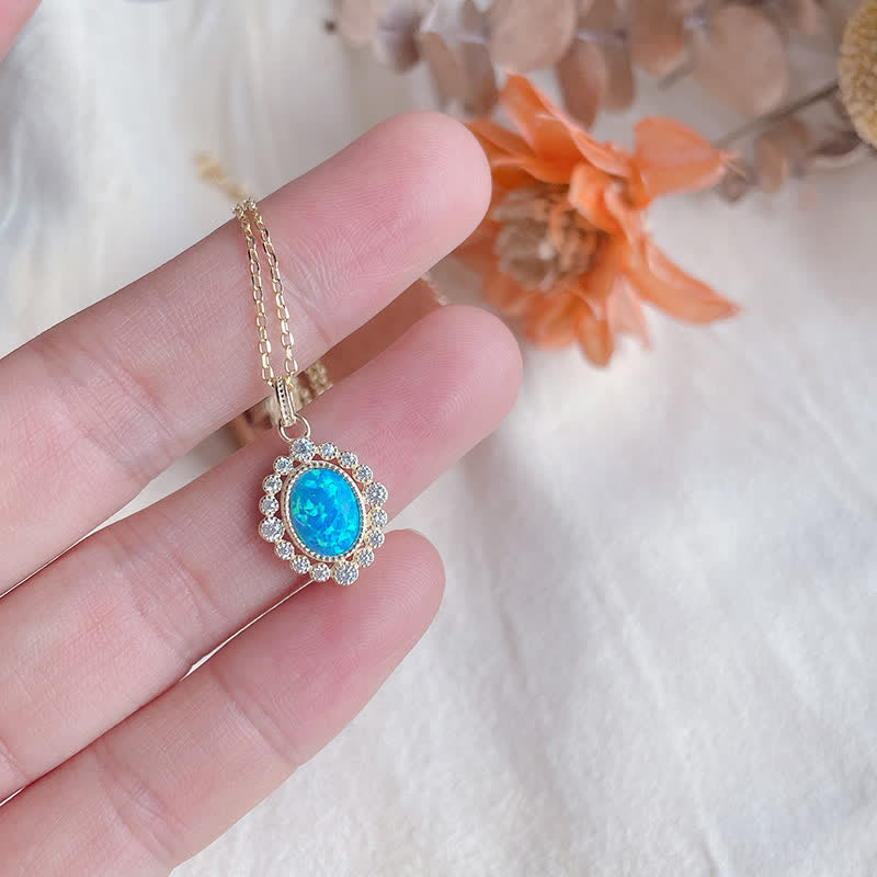 Olivenorma Blue Opal Oval Engraved Pendant Necklace