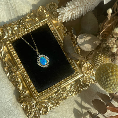 Olivenorma Blue Opal Oval Engraved Pendant Necklace