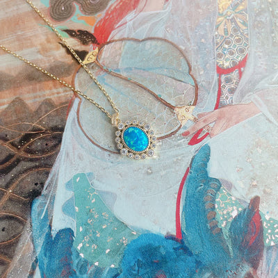 Olivenorma Blue Opal Oval Engraved Pendant Necklace