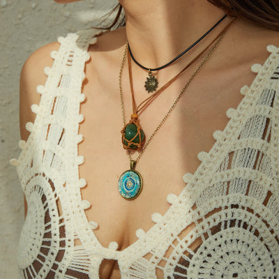 Olivenorma Green Aventurine Sun Pendant Three Layer Necklace Set