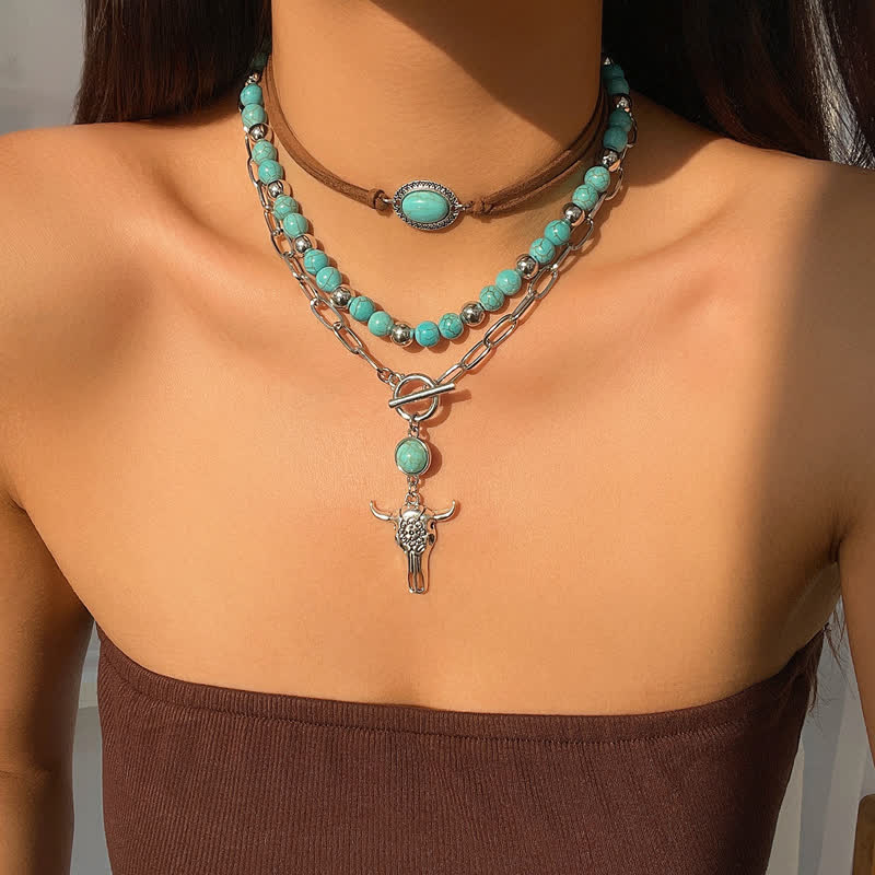 Olivenorma Turquoise Alloy Bull Head Pendant Necklace Set - Turquoise#8 - image 8